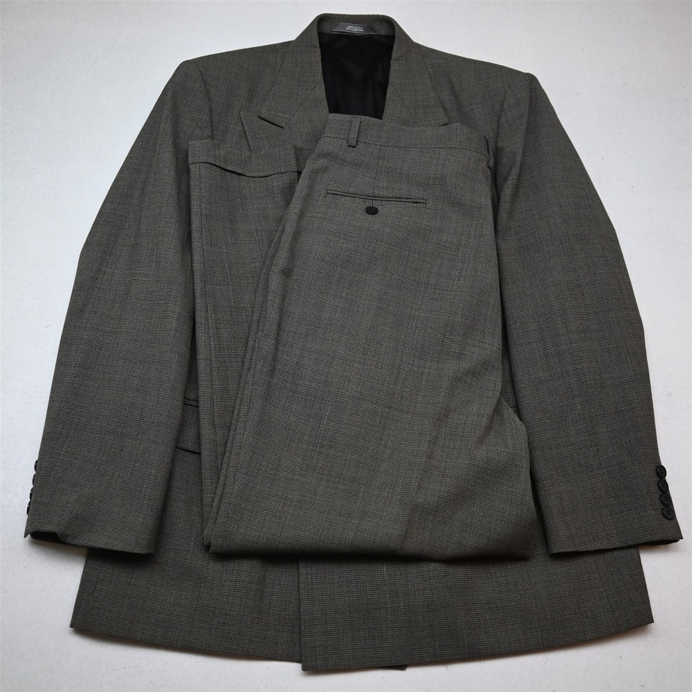 Vtg USA Made Double Breasted 42R 36x30 Tan Check 100% Wool Jacket Pants Suit